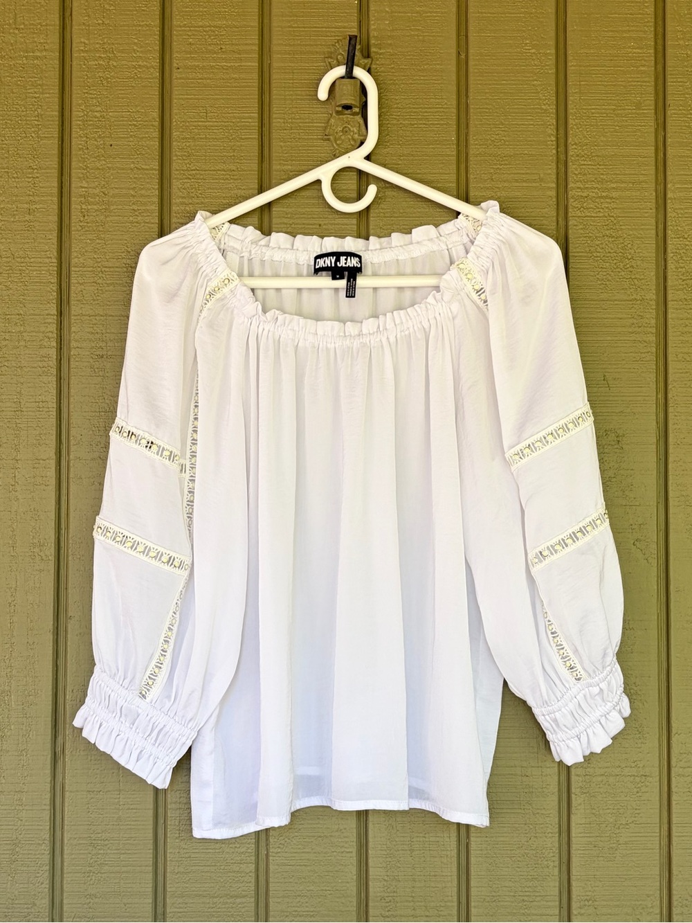 DKNY Jeans White Lace Trim Balloon Sleeve Peasant Blouse M
